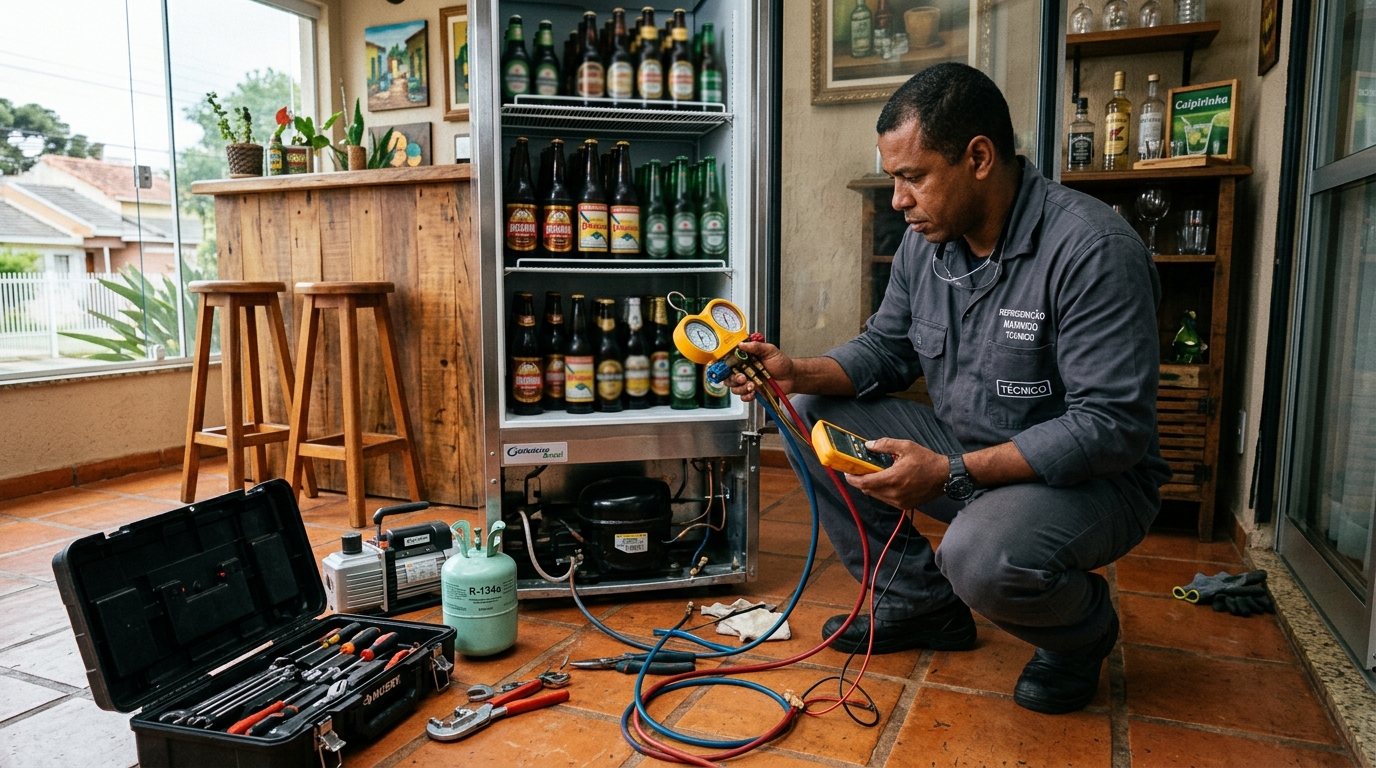 Técnico realizando manutenção de motor de cervejeira em Teresina‑PI