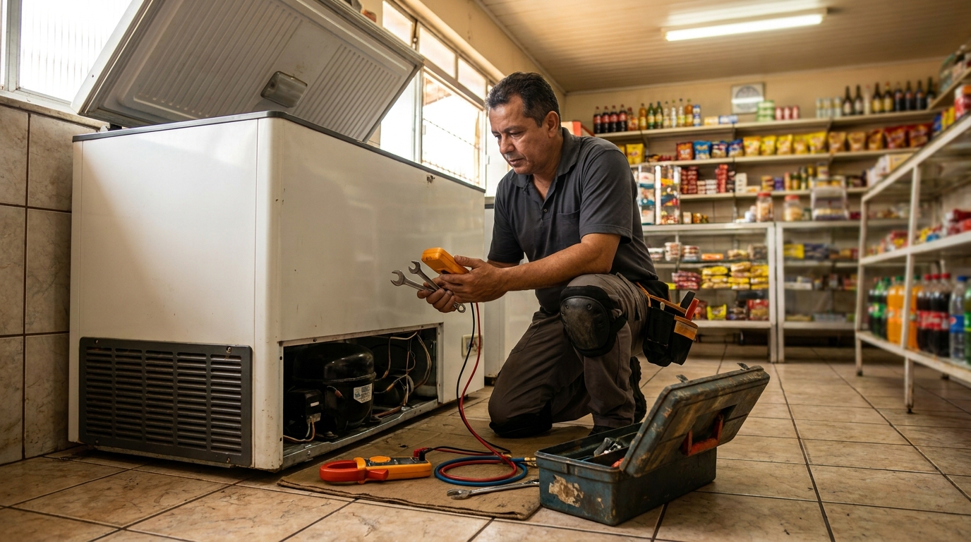 Técnico realizando manutenção de motor de freezer em Teresina‑PI