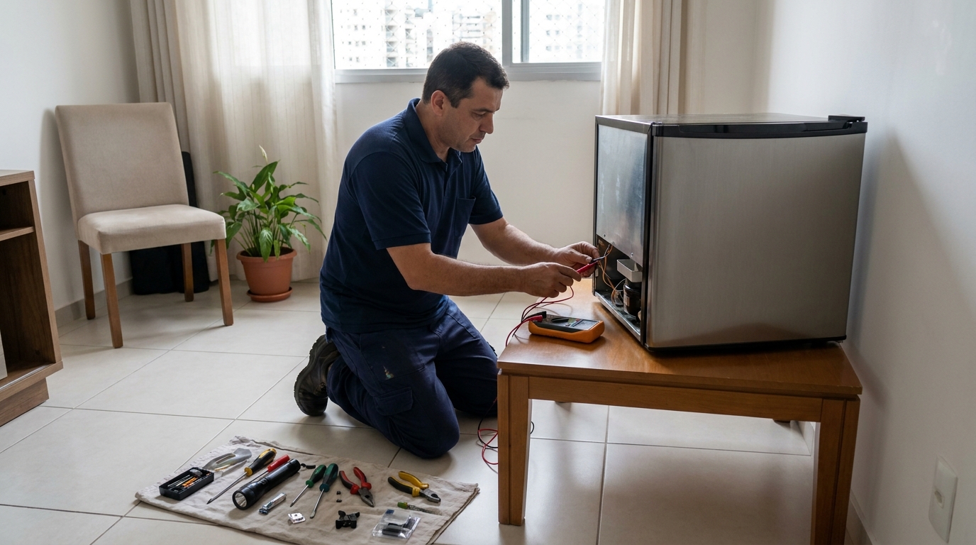 Técnico realizando manutenção de motor de frigobar em Teresina‑PI