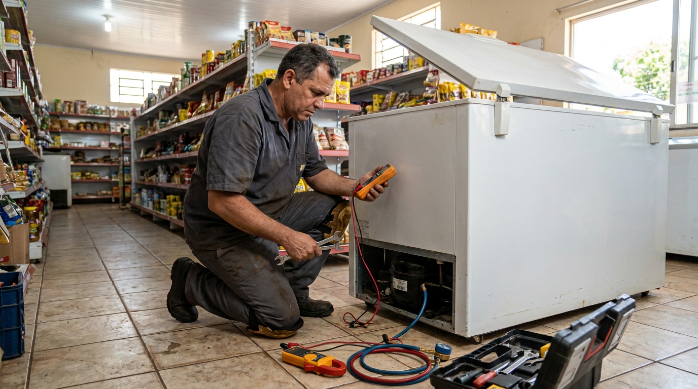 Troca de termostato de freezer em atendimento técnico em Teresina‑PI